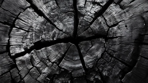 Charred tree rings form stark radial texture in shadow