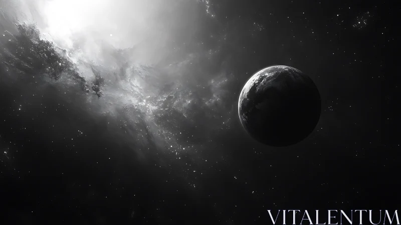 Shadowed planet drifts before radiant galactic cloud field