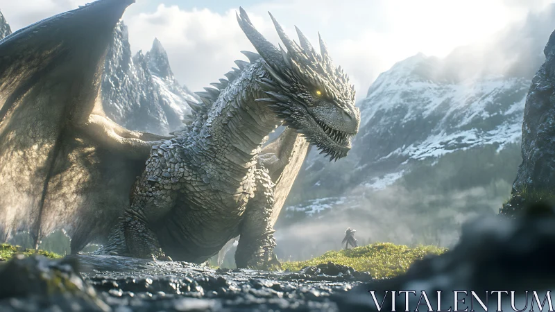 Armored alpine dragon confronts lone warrior in backlit valley