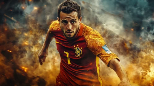 Dynamic football portrait with motion blur and fiery particle effects
