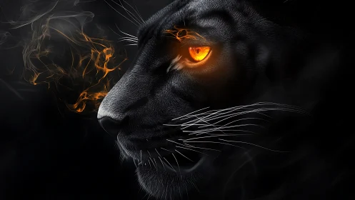 Fiery eyed black panther watching quietly in the dark.