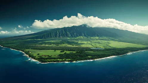 Majestic volcanic island rises above tropical emerald plains.