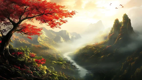 Crimson maple crowns misted valley under golden sunrise.