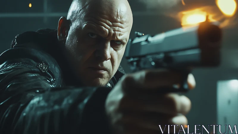 Tense action hero locks eyes and aims with fierce resolve