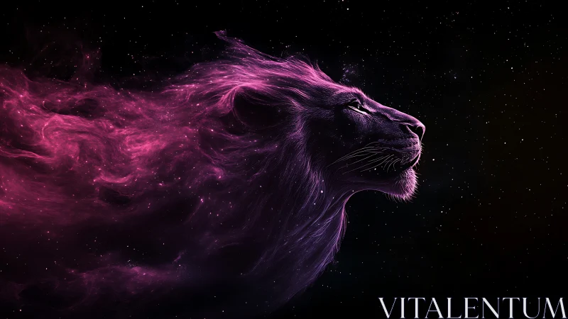 Nebula-maned cosmic lion streaming through starry night.