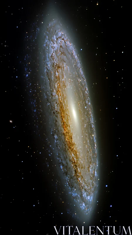 Edge-on spiral galaxy with bright core and star field.