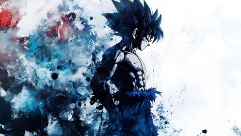 Brooding anime warrior wrapped in electric blue energy.