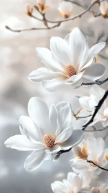 Magnolia flowers with conical stamens display layered petals in soft diffused spring light