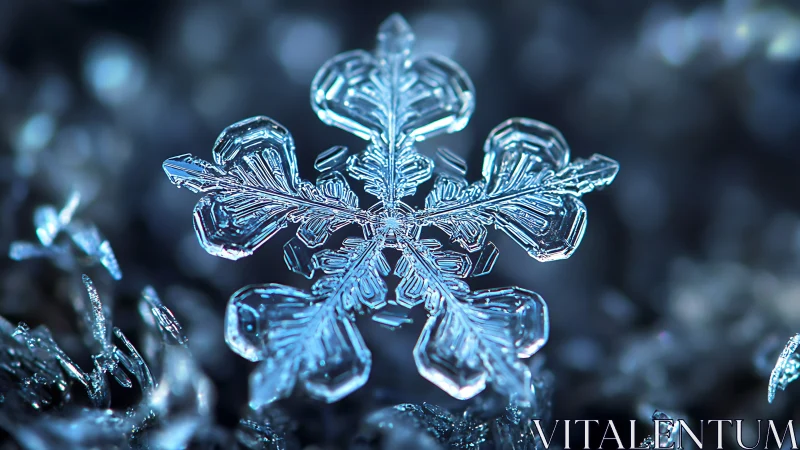 Macro view of hexagonal snowflake crystal on ice surface.