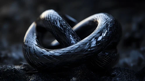 Futuristic Black Mobius Sculpture with Reflective Geometric Texture.