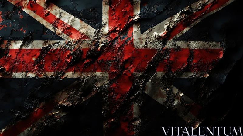 Tattered Union Jack flag emerges through dark burned textures