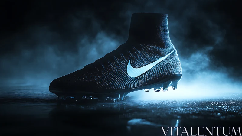 High-contrast studded football boot in volumetric fog lighting.