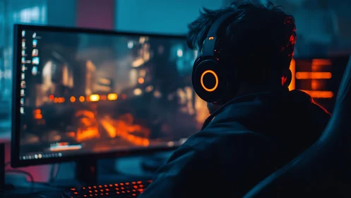 Photorealistic gamer workstation in neon orange teal glow.