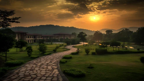 Sunlit campus path curling through emerald morning calm.