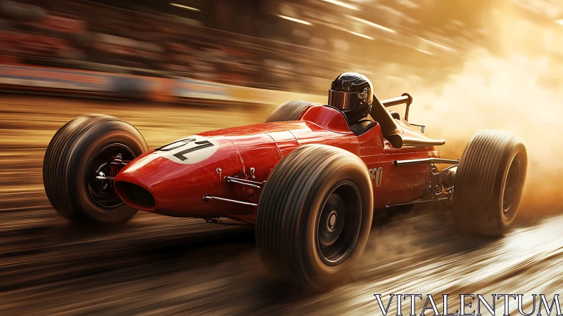 Roaring vintage race car surges through golden track dust