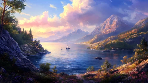 Sunlit alpine lake with sailboats and glowing peaks.