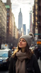 Young woman in winter clothing stands on busy city street