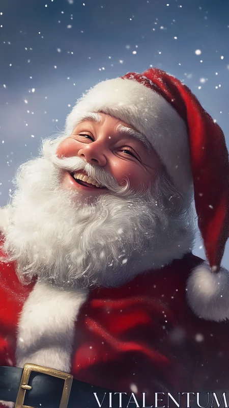 Smiling Santa Claus portrait in snowfall, red suit visible