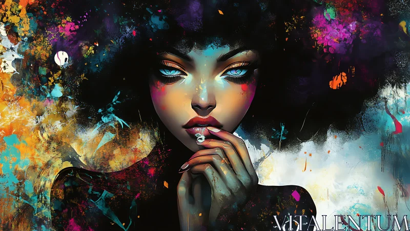 Vivid portrait merges neon splashes with hypnotic gaze.