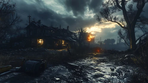 Derelict rural house by muddy road at stormy sunset.