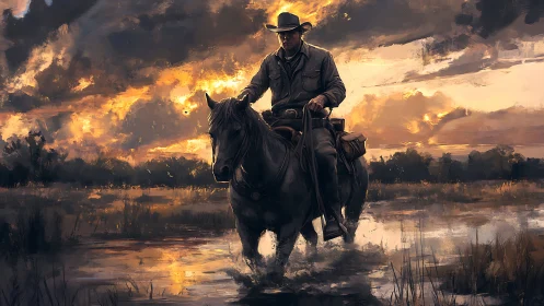 Solitary cowboy rides through reflective marsh at dusk.