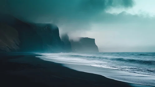 Foggy sea cliffs and dark sand shoreline at overcast coast.