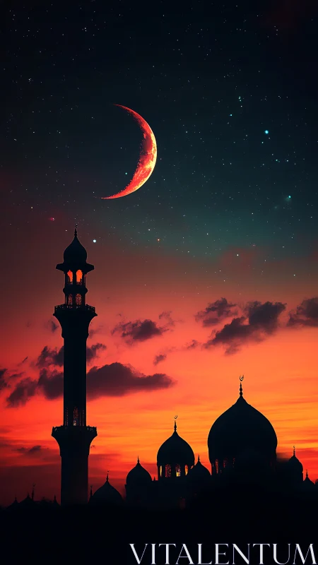 Crescent moon over mosque silhouettes in luminous dusk sky.