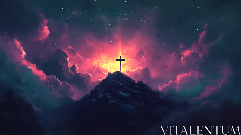 Lone cross crowns mountain beneath radiant nebula sky