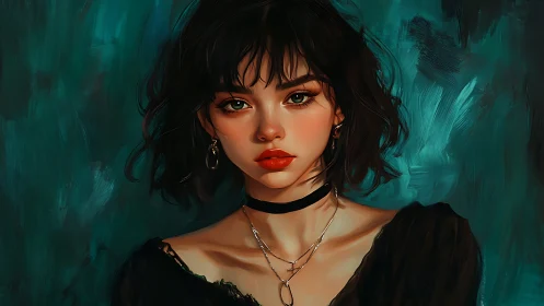 Midnight muse with teal skies and quiet, steady gaze.