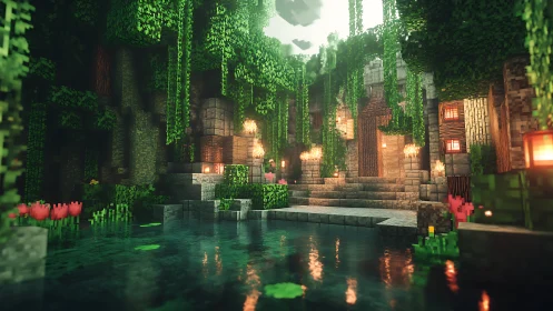 Block-structured jungle courtyard with water and lanterns.