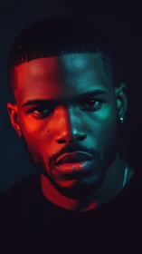 Moody male portrait in red and teal split lighting setup.