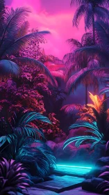 Neon-illuminated tropical pathway renders a cybernetic jungle dream