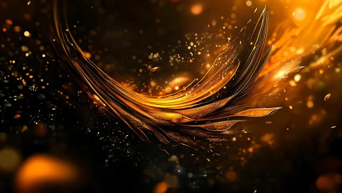 Abstract golden feather in dynamic motion, glowing digital art.