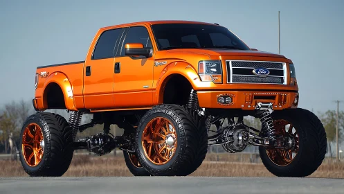Blazing orange monster truck towers over the open highway.