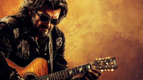 Brooding guitarist plays under warm golden studio light