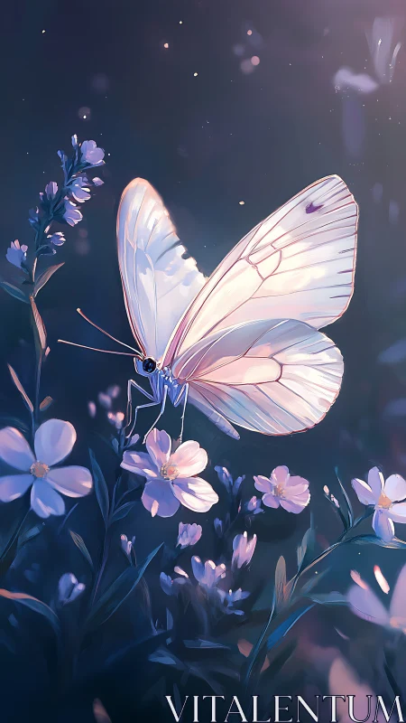 White butterfly on small flowers in low light environment.