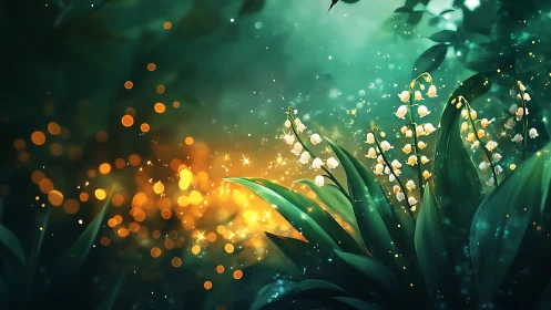 Lily of the valley flowers glow amid blurred forest lights