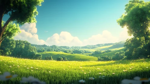 Sunlit valley meadow rendered in high-fidelity digital painting