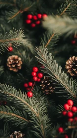 Evergreen branches with red berries in soft festive focus.