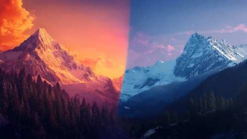 Bifurcated alpine range contrasts warm sunset and cool twilight