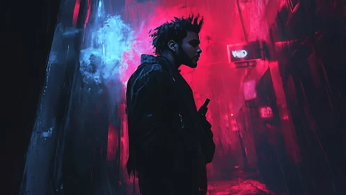 Neon-saturated alley silhouette in cinematic cyber-urban haze.