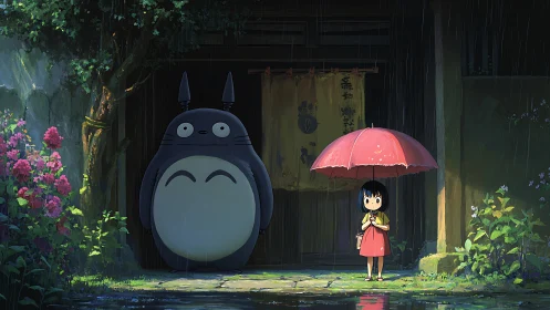 Child with umbrella beside large creature at rainy doorway.