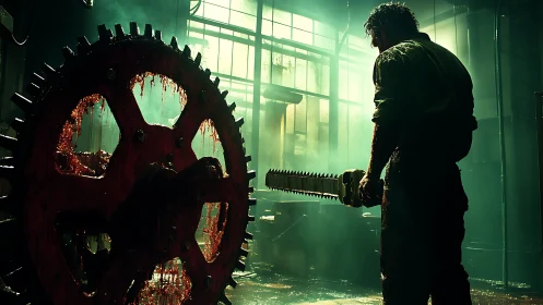 Bloodstained gear dominates smoky industrial kill floor.