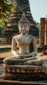 Stone Buddha statue seated in meditation at ancient site.