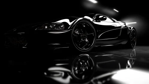 Black sports car in low key studio with reflective floor.