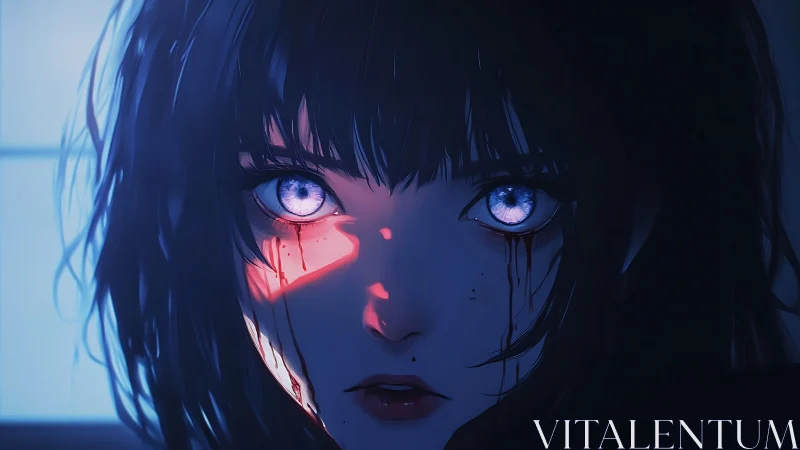 Blue-eyed girl under neon light with bleeding tears gaze.