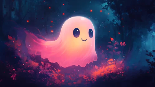 Cute glowing ghost drifting through enchanted neon forest.