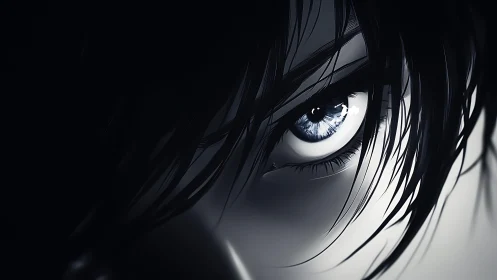 Glistening anime eye in shadowed monochrome close-up portrait.
