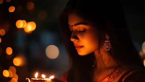 Young woman in traditional attire holding diya, soft bokeh lights.