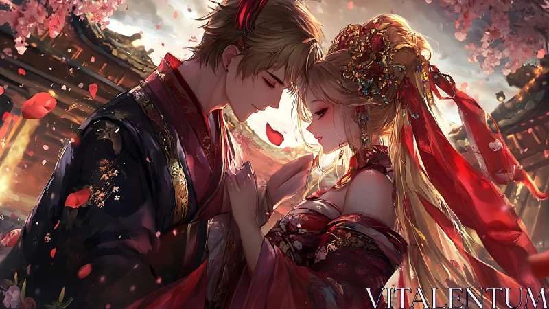 Romantic anime couple in ornate traditional wedding robes.